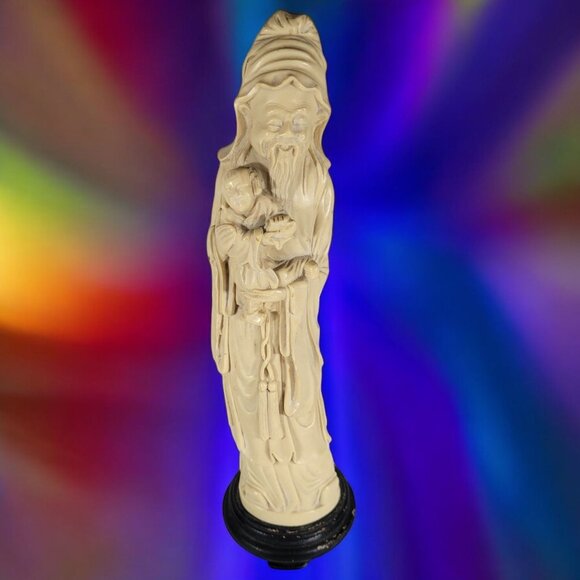 Antique Vintage Chinese Asian-Inspired Ivory Figurine Elder Child Black Base‎ - Picture 1 of 8